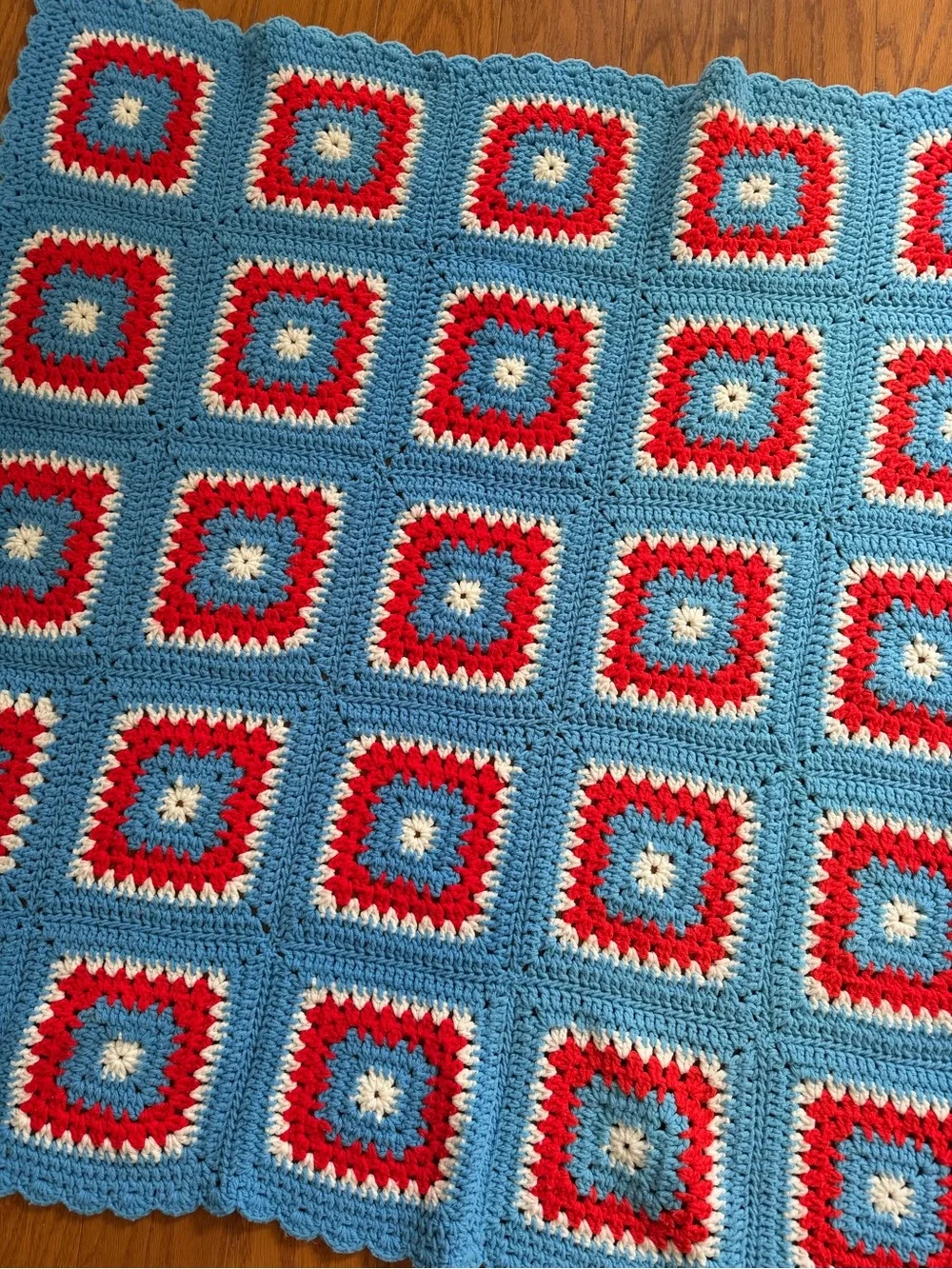 Handmade Crochet Granny Square Blanket Throw in Blue, Red & Cream 5x5
